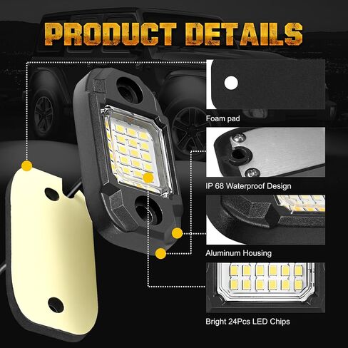 4 Pods White Rock Lights 24 LEDs Chips Waterproof Neon Trail Rig Lamp Underglow Light for Car Truck Motorcycle SUV ATV UTV (White) in Saudi Arabia
