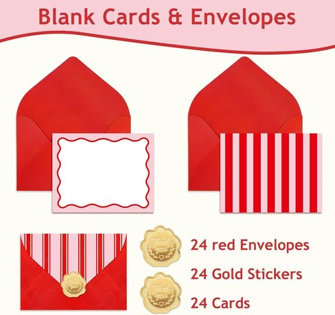 Whaline 24Pcs Flat Blank Notes with Envelopes Blank Index Cards Red Pink Stripe Non Folding Double-Sided Note Cards Blank Index Cards for Baby Shower Birthday Wedding, 5.5 x 4.3 Inch in Kuwait