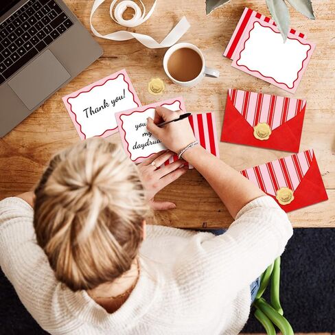 Whaline 24Pcs Flat Blank Notes with Envelopes Blank Index Cards Red Pink Stripe Non Folding Double-Sided Note Cards Blank Index Cards for Baby Shower Birthday Wedding, 5.5 x 4.3 Inch in Kuwait