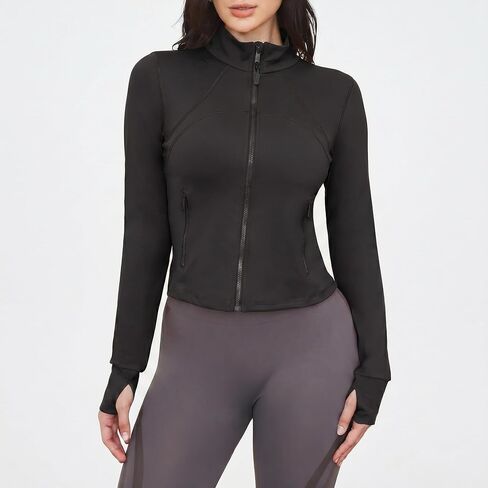 Workout Jackets for Woman: Athletic Gym Running Cropped Zip Up Tops with Thumb Holes Slim Fit Lightweight Sportswear in Saudi Arabia