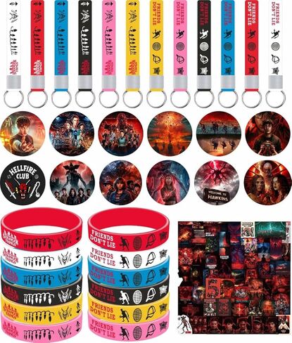 Stranger Birthday Party Supplies, 86pcs Birthday Party Decorations Set Included 12 Bracelets, 12 Acrylic Pins, 12 Keychains, 50 Stickers, for Boys and Girls Cartoon Theme Party in Kuwait