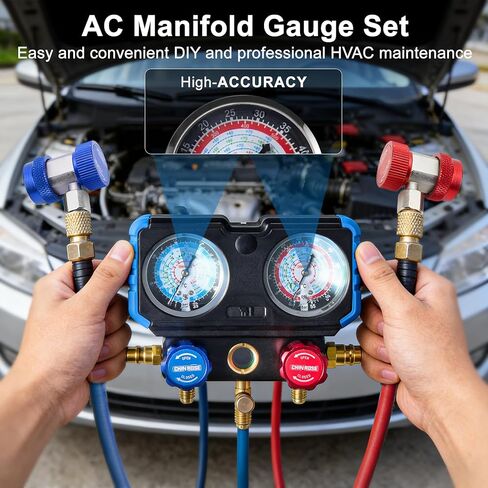 مجموعة قياس متعددة الاتجاهات، مجموعة تشخيص وشحن HVAC متعددة المبردات، متوافقة مع R410A R134a R1234yf، ملحقات إصلاح مكيف الهواء للسيارات والمنزل in Kuwait