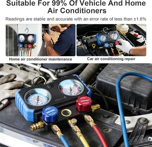مجموعة قياس متعددة الاتجاهات، مجموعة تشخيص وشحن HVAC متعددة المبردات، متوافقة مع R410A R134a R1234yf، ملحقات إصلاح مكيف الهواء للسيارات والمنزل in Kuwait