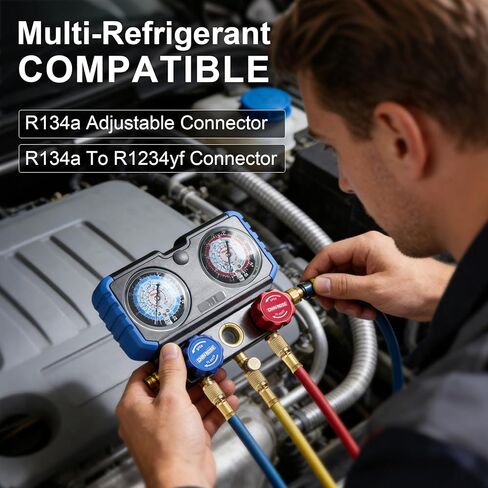 مجموعة قياس متعددة الاتجاهات، مجموعة تشخيص وشحن HVAC متعددة المبردات، متوافقة مع R410A R134a R1234yf، ملحقات إصلاح مكيف الهواء للسيارات والمنزل in Kuwait