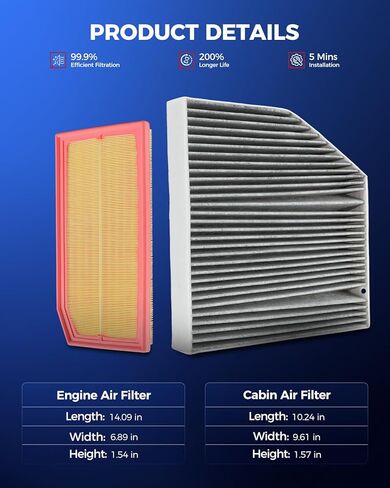 طقم فلتر هواء المحرك والمقصورة من KAX، بديل لمرسيدس بنز GLC300 2020-2023 2.0T، C300 2019-2023 2.0T، استبدال # CA12800 CF11855 in Kuwait