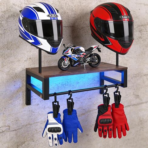 Helmet Rack Wall Mount, Motorcycle Helmet Holder Plate Rack Display Organizer with 4 Glove Clips, Helmet Rack with RGB Lights Strip in Kuwait