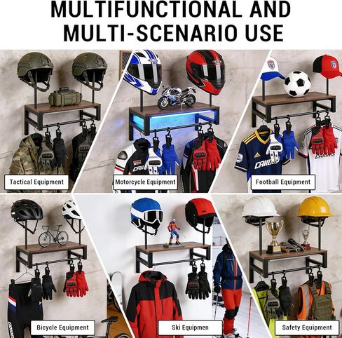 Helmet Rack Wall Mount, Motorcycle Helmet Holder Plate Rack Display Organizer with 4 Glove Clips, Helmet Rack with RGB Lights Strip in Kuwait
