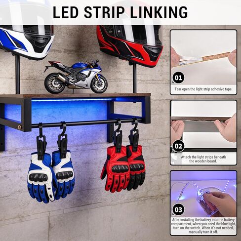 Helmet Rack Wall Mount, Motorcycle Helmet Holder Plate Rack Display Organizer with 4 Glove Clips, Helmet Rack with RGB Lights Strip in Kuwait