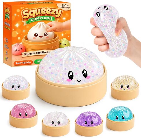 Mystery Glitter Dumpling Squishies with Steamer Box – Cute Bao Bun Stress Ball – Soft Squeeze Sensory Toy for Stress Relief – Sensory Fidget Toy Gift for Kids, Teens & Adults (Glitter Purple) in Kuwait