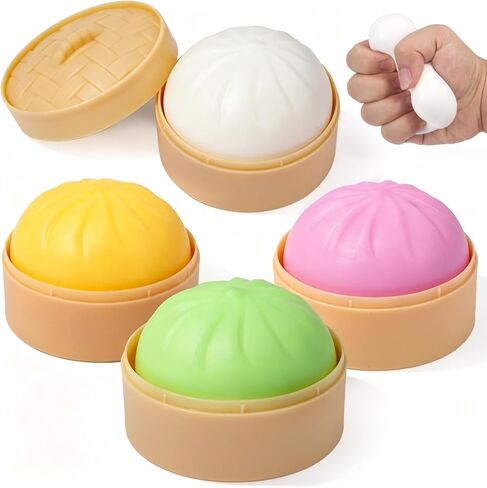 4 Pack Dumpling Squishies Toy Mystery Box, Colorful Dumplings Stress Balls Fidget Sensory Toy, Bun with Food Steamer Stretchy Desk Toys Soft Squeeze Decompression Dough for Adults Kids in Kuwait