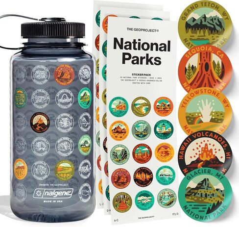 زجاجة مياه بلاستيكية من GEOPROJECT National Parks مع مجموعة ملصقات مقاومة للماء، خفيفة الوزن وغطاء فم واسع 32oz in Saudi Arabia