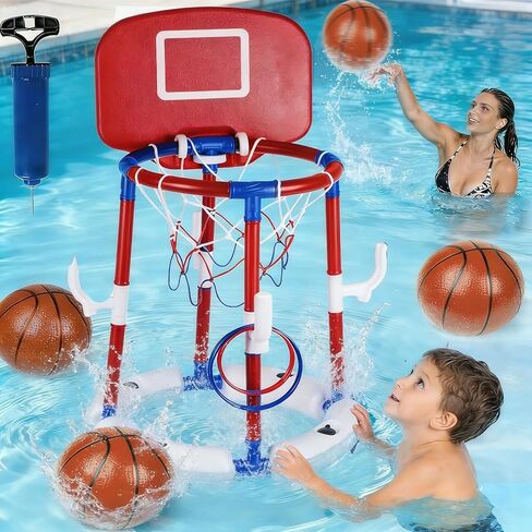 Taotuo Blue Floating Pool Basketball Hoop with Backboard, 2-in-1 Basketball & Ring Toss Game with 4 Balls, 6 Rings&Pump, Summer Pool Toys Outdoor Water Fun Family Party for Age 3-12 in Kuwait