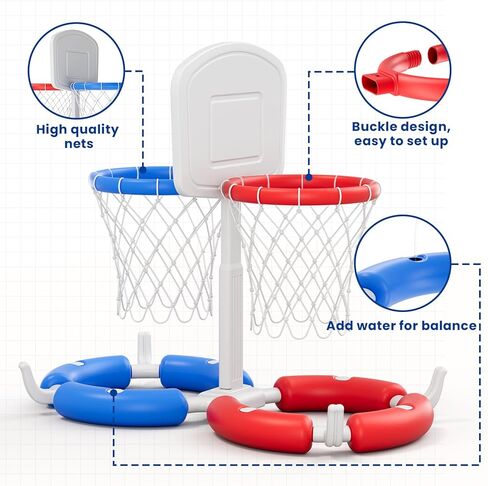 HYES Double Pool Basketball Hoop with Backboard, 2-in-1 Floating Pool Toys Ring Toss Game, 2 Player Games Summer Outdoor Water Toys Gifts for Kids Ages 4-8 8-12 & Adults, Family Swimming Pool Party in Kuwait
