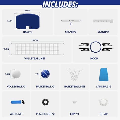 HYES 2 in 1 Pool Volleyball Net & Basketball Hoop Set, Adjustable Swimming Poolside Net for Inground Pool, Summer Outdoor Water Games Toys for Kids Teens Adults Family in Kuwait