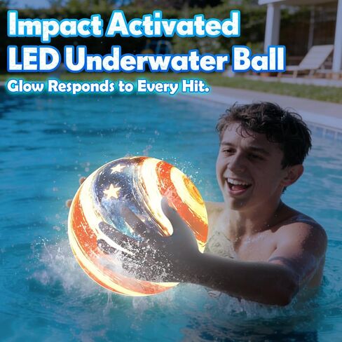 LED Underwater Pool Ball – 1 Pack 9" Light Up Water Ball Toy, Patriotic Design Pool Sports Game for Kids & Teens, Dribble & Pass for Water Football & Basketball, Summer Backyard Parties in Kuwait