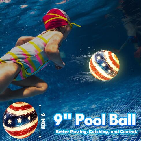LED Underwater Pool Ball – 1 Pack 9" Light Up Water Ball Toy, Patriotic Design Pool Sports Game for Kids & Teens, Dribble & Pass for Water Football & Basketball, Summer Backyard Parties in Kuwait