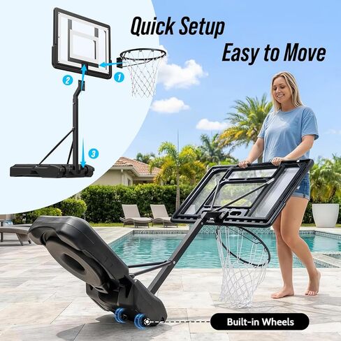 Pool Basketball Hoop – Height Adjustable 57" to 68" Portable Poolside Basketball Hoop with Wheels, Glow-in-Dark Backboard & LED Rim, Glow Ball + Standard Ball, Indoor Outdoor Night Games in Kuwait