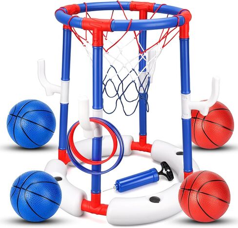 Pool Basketball Hoop Floating with Anti-Tip Stable Base, Basketball & Ring Toss Pool Toy for Kids Ages 4-8 & 8-12, Includes 4 Balls, 6 Rings & Pump for Summer Outdoor Parties in Kuwait