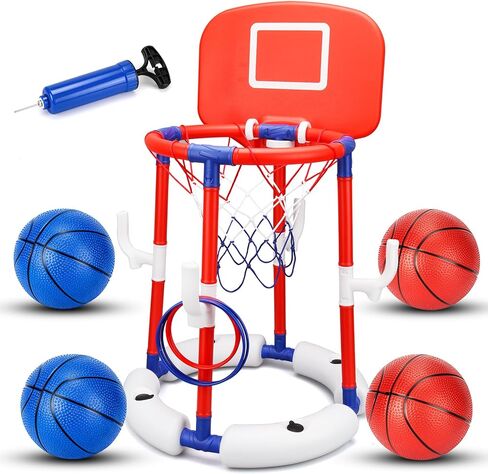 Pool Basketball Hoop Floating with Anti-Tip Stable Base, Basketball & Ring Toss Pool Toy for Kids Ages 4-8 & 8-12, Includes 4 Balls, 6 Rings & Pump for Summer Outdoor Parties in Saudi Arabia