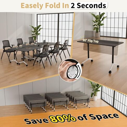 Folding Conference Room Table with Wheels,Flip Top Modular Training Meeting Table,Stackable Mobile Conference Table,Wooden Top Sturdy Frame,Space Saving,for Office,Classroom(2pack,63IN,Grey) in Kuwait