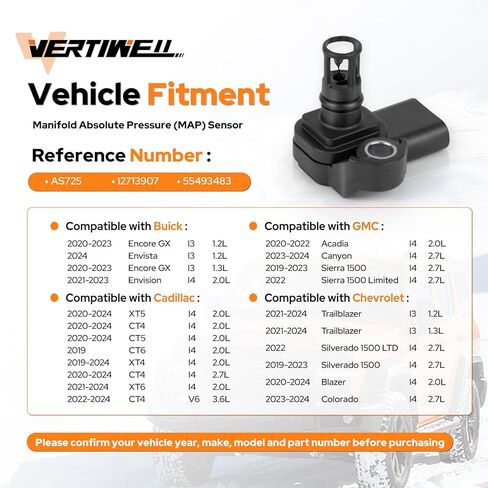 Manifold Absolute Pressure MAP Sensor Compatible with Chevy Chevrolet GMC Cadillac Buick Silverado 1500 LTD Trailblazer Blazer Colorado Sierra 1500 l4 l3 V6 2.7L 2019-2024 Replaces AS725 in Kuwait