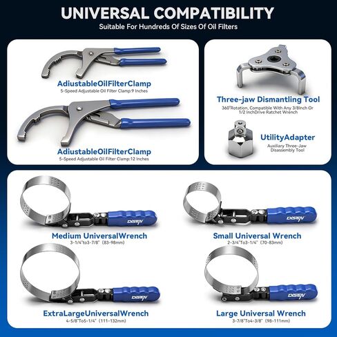 DISEN Oil Filter Wrench Set, 8PCS Oil Filter Swivel Wrench Set 2-3/4" to 5-1/4", 9" & 12" Adjustable Oil Filter Pliers,Universal 3-Jaw Removal Tool with 1/2" to 3/8" Adapter, Organized in Storage Case in Kuwait