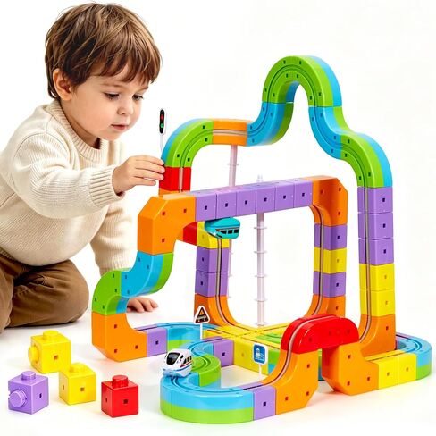 Electric Train Set for Kids,3D Infinity Flexible Track, DIY Track Building Kits with Train and Traffic Signs Traffic, STEM Gravity-Defying Learning Toy for Boys Girls 4 5 6 7 8 Birthday in Kuwait
