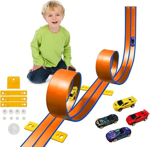 15 Ft Flexible Race Car Track (Daytona Blue) for Kids,Flex Track Starter Set Compatible with Hot Wheels and Diecast 1/64th Cars,Portable Racetrack Roll Up Race Track with 4 Racecars and Suction Cups in Kuwait