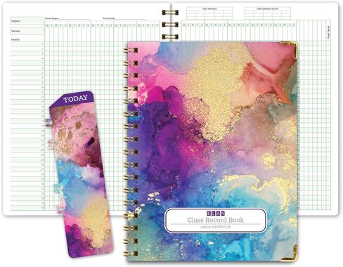 Elan Publishing Company Teacher Class Record Book for 9-10 Weeks, 35 Students, 8.5"x11" - Includes Bookmark, Seating Charts, Perforated Grading Sheets (Rainbow Gold Marble) in Kuwait