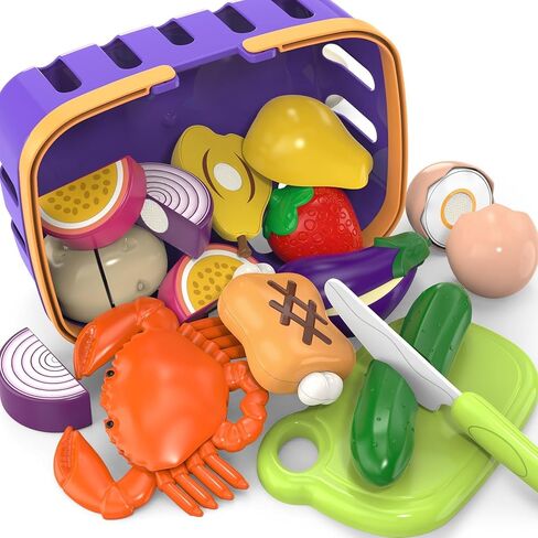 Cutting Play Food Toys Set with Grocery Basket, Pretend Play Kitchen Accessories, Toddler Educational Kitchen, Plastic Fake Food, Vegetables & Fruits for Kids Age 3-5, Birthday Gift for Boys Girls in Kuwait