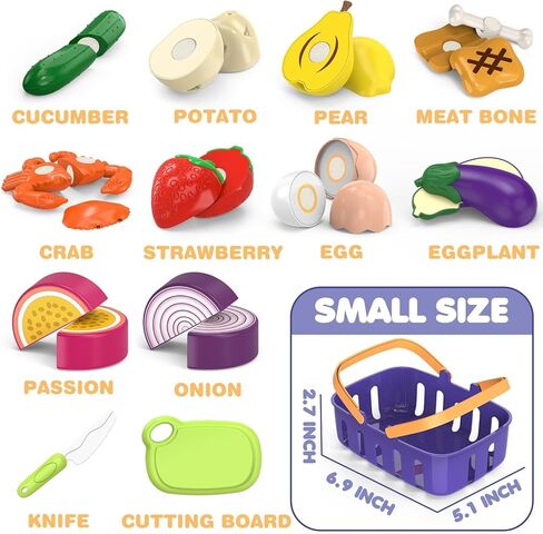 Cutting Play Food Toys Set with Grocery Basket, Pretend Play Kitchen Accessories, Toddler Educational Kitchen, Plastic Fake Food, Vegetables & Fruits for Kids Age 3-5, Birthday Gift for Boys Girls in Kuwait