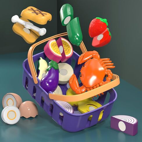 Cutting Play Food Toys Set with Grocery Basket, Pretend Play Kitchen Accessories, Toddler Educational Kitchen, Plastic Fake Food, Vegetables & Fruits for Kids Age 3-5, Birthday Gift for Boys Girls in Kuwait
