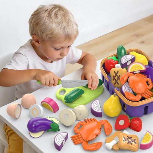 Cutting Play Food Toys Set with Grocery Basket, Pretend Play Kitchen Accessories, Toddler Educational Kitchen, Plastic Fake Food, Vegetables & Fruits for Kids Age 3-5, Birthday Gift for Boys Girls in Kuwait