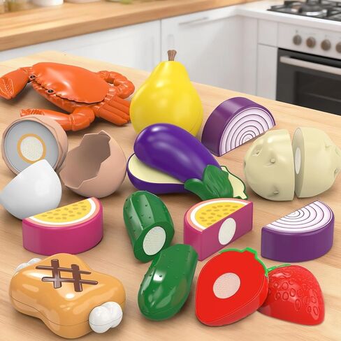 Cutting Play Food Toys Set with Grocery Basket, Pretend Play Kitchen Accessories, Toddler Educational Kitchen, Plastic Fake Food, Vegetables & Fruits for Kids Age 3-5, Birthday Gift for Boys Girls in Kuwait