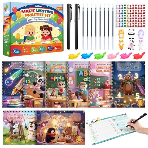 Magic Grooved Writing Practice for Kids Ages 3–8 – 8-Book Reusable 3D Handwriting & Tracing Workbook Kit with Disappearing Ink, Preschool Learning Activity in Kuwait