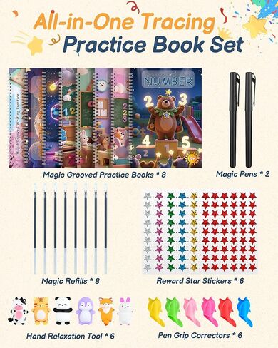 Magic Grooved Writing Practice for Kids Ages 3–8 – 8-Book Reusable 3D Handwriting & Tracing Workbook Kit with Disappearing Ink, Preschool Learning Activity in Kuwait