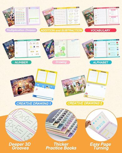 Magic Grooved Writing Practice for Kids Ages 3–8 – 8-Book Reusable 3D Handwriting & Tracing Workbook Kit with Disappearing Ink, Preschool Learning Activity in Kuwait