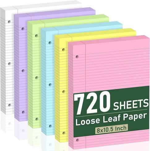 720 Sheets Loose Leaf Paper, 6-Color Lined Paper Notebooks, 8 x 10.5 College Ruled Filler Paper, 3-Hole Punched Binder Paper, Double-Side Printed Writing Paper Notepads for Home, Office, School in Kuwait