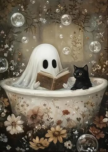 LKHMVCA Halloween Ghost Read Cat Flower Paint by Number Kits for Adults, DIY Paint by Numbers Kits for Adults Beginners Without Frame, Acrylic Paint Canvas Painting Kits Art for Home Decor 16x20 Inch in Saudi Arabia