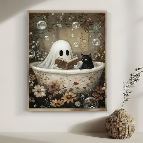 LKHMVCA Halloween Ghost Read Cat Flower Paint by Number Kits for Adults, DIY Paint by Numbers Kits for Adults Beginners Without Frame, Acrylic Paint Canvas Painting Kits Art for Home Decor 16x20 Inch in Saudi Arabia