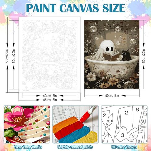 LKHMVCA Halloween Ghost Read Cat Flower Paint by Number Kits for Adults, DIY Paint by Numbers Kits for Adults Beginners Without Frame, Acrylic Paint Canvas Painting Kits Art for Home Decor 16x20 Inch in Saudi Arabia