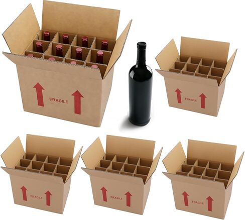 4 Sets Wine Bottle Moving Boxes, 16 x 12 x 12 Inch Moving Boxes with Divider Kits, Wine Shipping Box with Reinforced Cardboard & Handles, Glassware Packing Kits with Corrugate Dividers in Kuwait