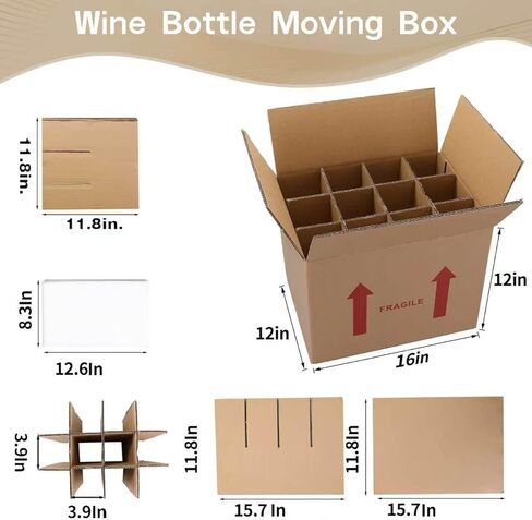 4 Sets Wine Bottle Moving Boxes, 16 x 12 x 12 Inch Moving Boxes with Divider Kits, Wine Shipping Box with Reinforced Cardboard & Handles, Glassware Packing Kits with Corrugate Dividers in Kuwait