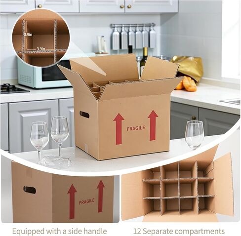 4 Sets Wine Bottle Moving Boxes, 16 x 12 x 12 Inch Moving Boxes with Divider Kits, Wine Shipping Box with Reinforced Cardboard & Handles, Glassware Packing Kits with Corrugate Dividers in Kuwait