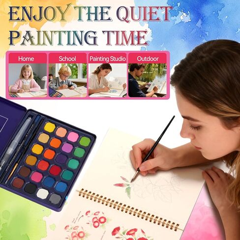 مجموعة الرسم بالألوان المائية على شكل زهور للبالغين والمبتدئين مع 24 لونًا و3 فرش ومصنف الألوان المائية وألبوم الصور | 12 نمطًا أصليًا يمكنك صنعها بنفسك، دروس تعليمية خطوة بخطوة | هدية إبداعية مناسبة للمبتدئين in Kuwait