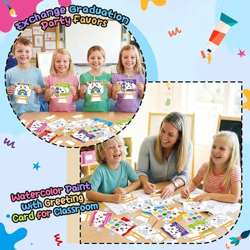 K1tpde 24 Pack End of the Year Watercolor Paint Set with Easel-Shaped Greeting Card for Kids, Bulk Exchange Gift for Boys Girls School Classroom Prizes, DIY Mini Paint Set Funny Graduation Party Favor in Kuwait