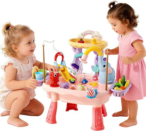 2027 Upgraded 4-in-1 Water Table for Toddlers 1-3, Kids Sensory Table with Electric Water Pump & Faucet, Kitchen Play Sink Toys with Food Accessories, Fishing Toy (NEW Blue) in Kuwait