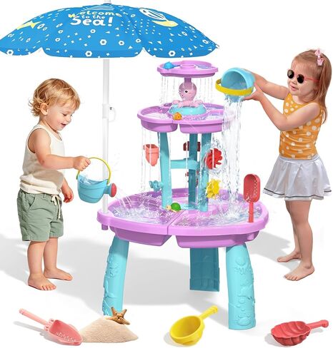 Water Table for Toddlers 3-5, 3-Tier Auto Water-Absorbing Kids Sand Water Table with Water Pump & Umbrella Splash Pond Toy, Sensory Play Table Toys for Outdoor Pool Beach Backyard Summer (Pink） in Saudi Arabia