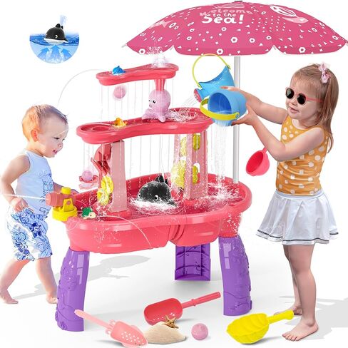 Water Table for Toddlers 3-5, 3-Tier Auto Water-Absorbing Kids Sand Water Table with Water Pump & Umbrella Splash Pond Toy, Sensory Play Table Toys for Outdoor Pool Beach Backyard Summer (Pink） in Saudi Arabia