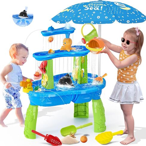 Water Table for Toddlers 3-5, 3-Tier Auto Water-Absorbing Kids Sand Water Table with Water Pump & Umbrella Splash Pond Toy, Sensory Play Table Toys for Outdoor Pool Beach Backyard Summer (Pink） in Saudi Arabia